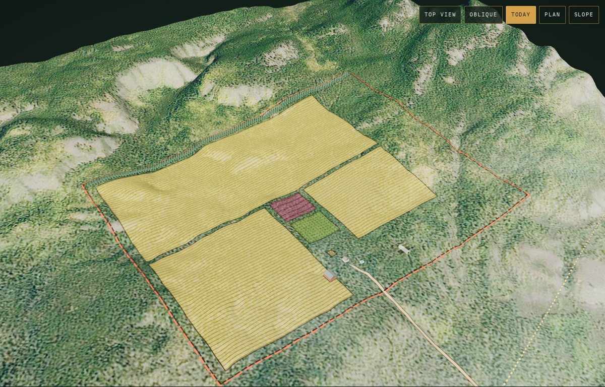 The site designer showing forage fields, a market garden, berry rows, farm buildings and an access road laid out on the parcel.