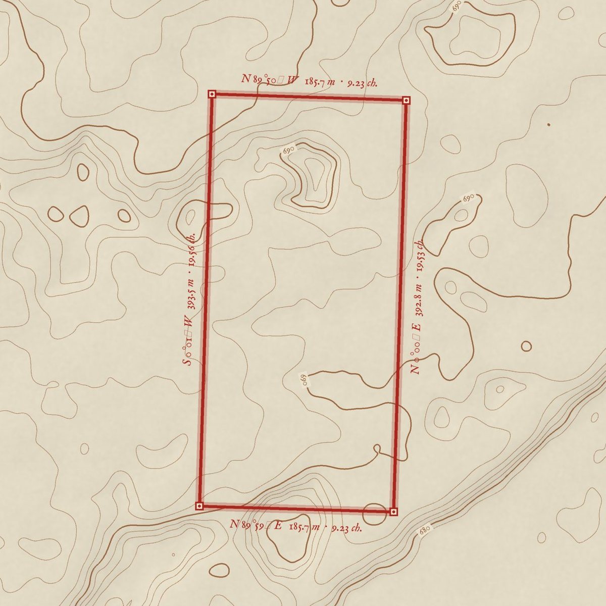 Survey-style plan of the 7.3 hectare candidate drawn from the terrain, with its boundary in red.