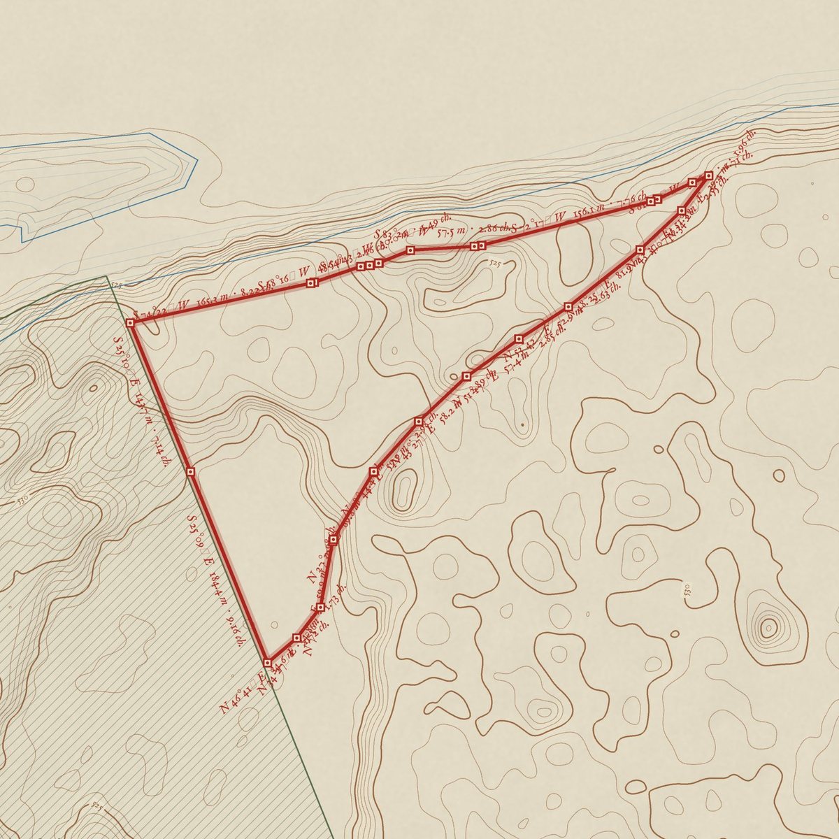 Survey-style plan of the 7.2 hectare candidate drawn from the terrain, with its boundary in red.
