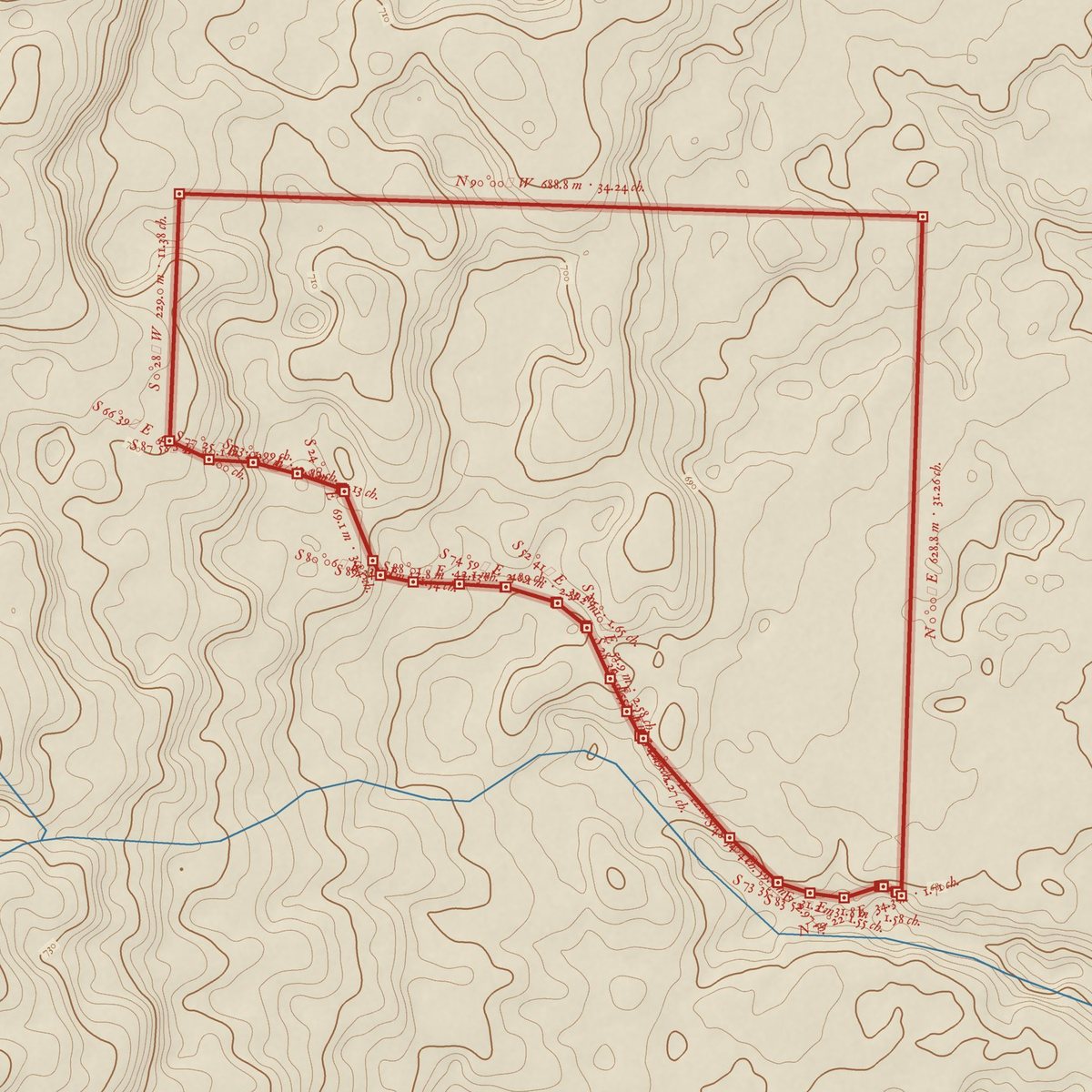 Survey-style plan of the 28.9 hectare candidate drawn from the terrain, with its boundary in red.
