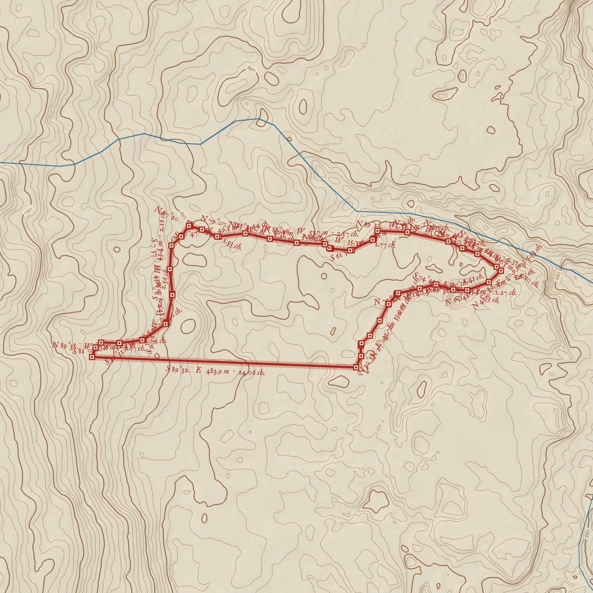 Survey-style plan of the 10.9 hectare candidate drawn from the terrain, with its boundary in red.