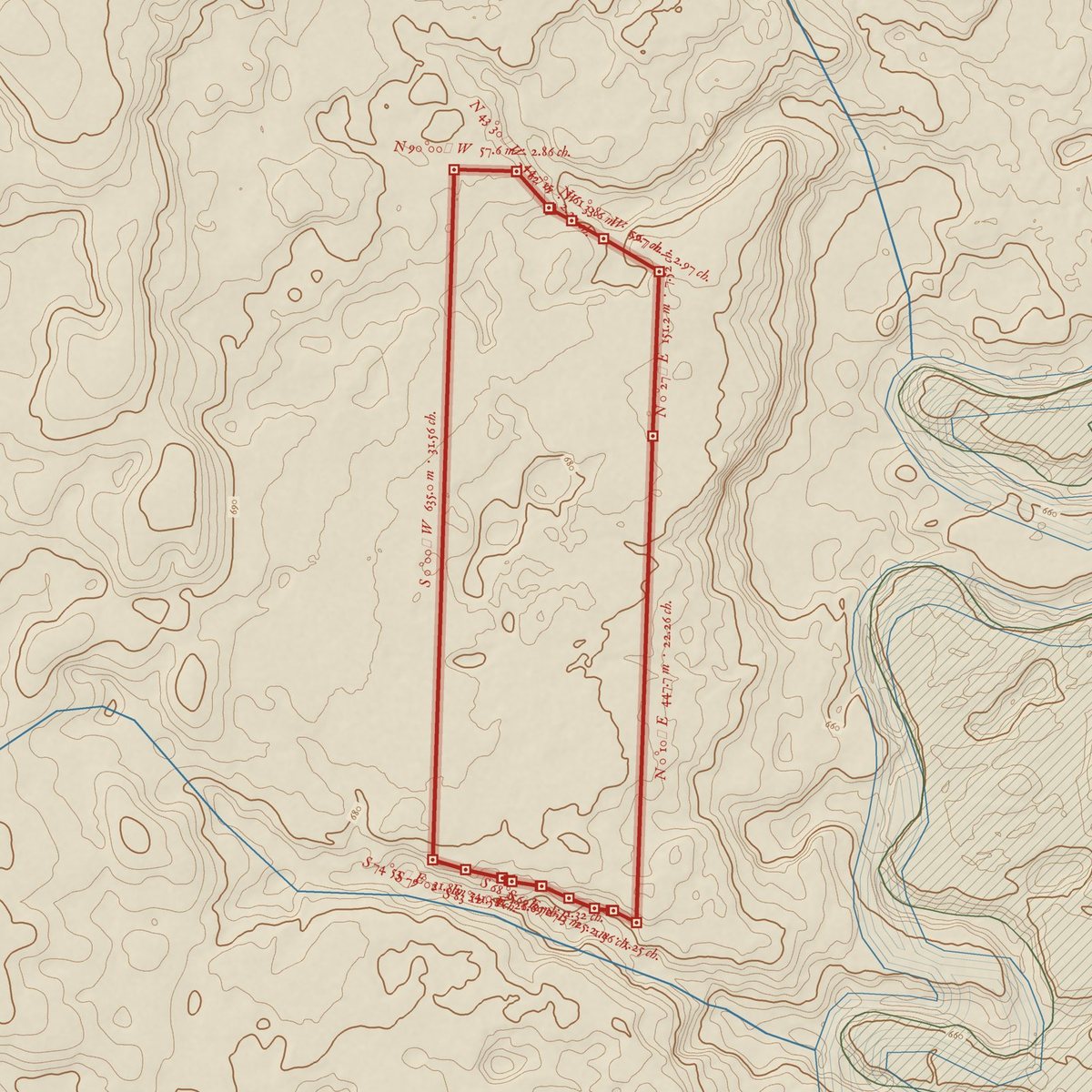 Survey-style plan of the 11.9 hectare candidate drawn from the terrain, with its boundary in red.