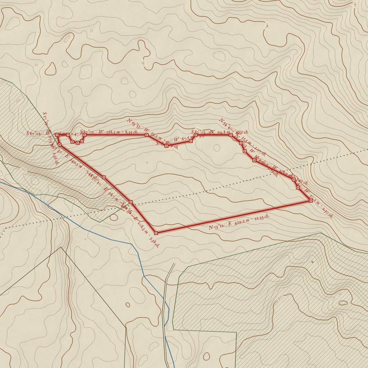 Survey-style plan of the 10.6 hectare candidate drawn from the terrain, with its boundary in red.