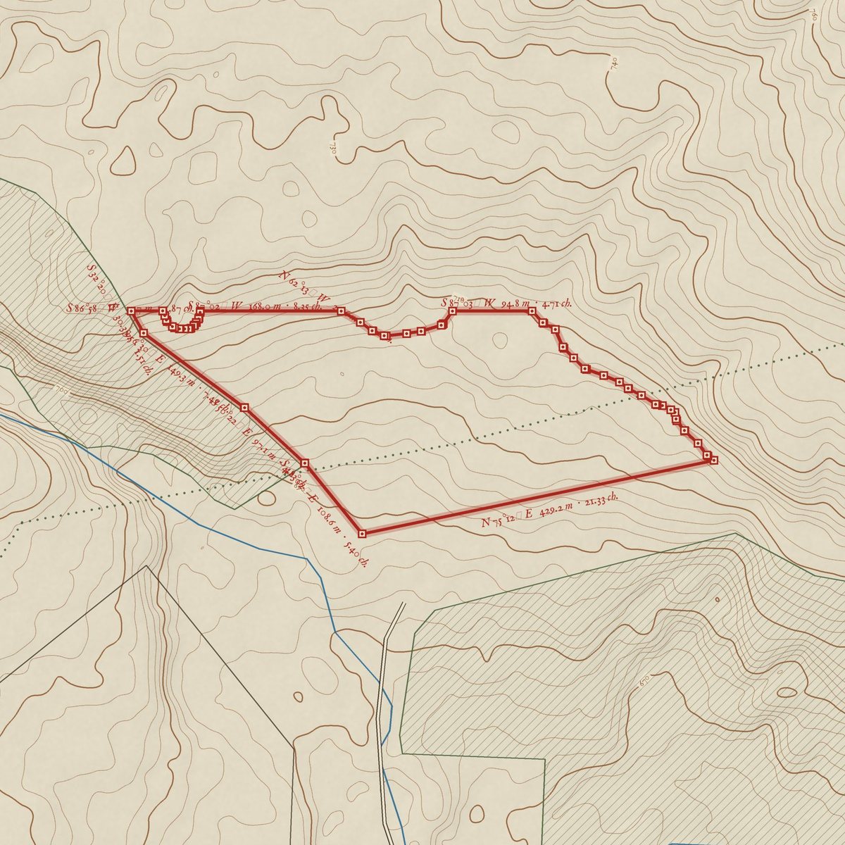 Survey-style plan of the 10.5 hectare candidate drawn from the terrain, with its boundary in red.