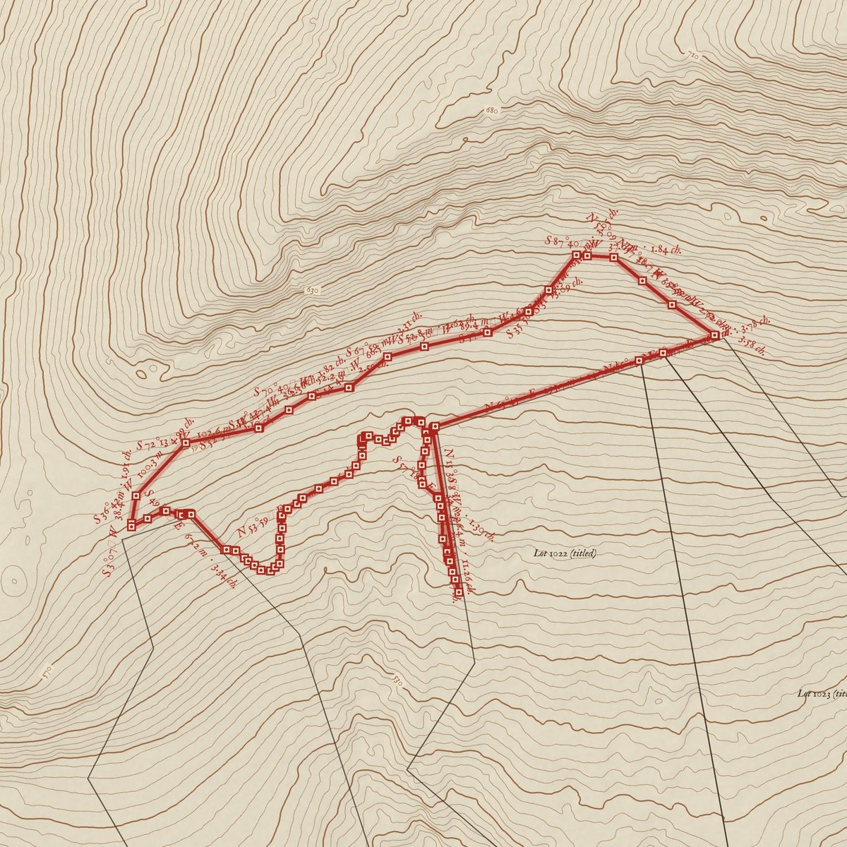 Survey-style plan of the 9.6 hectare candidate drawn from the terrain, with its boundary in red.
