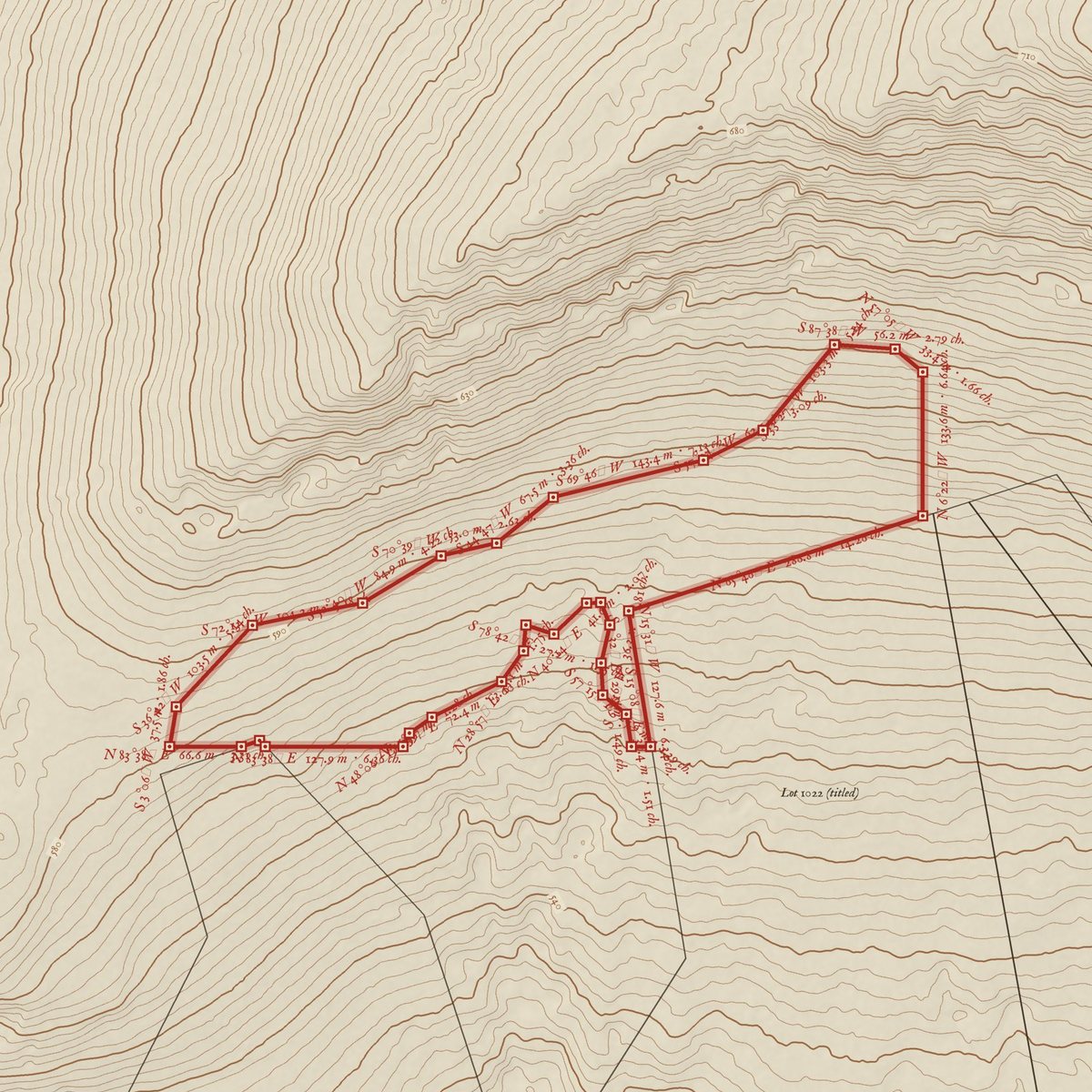 Survey-style plan of the 9.2 hectare candidate drawn from the terrain, with its boundary in red.